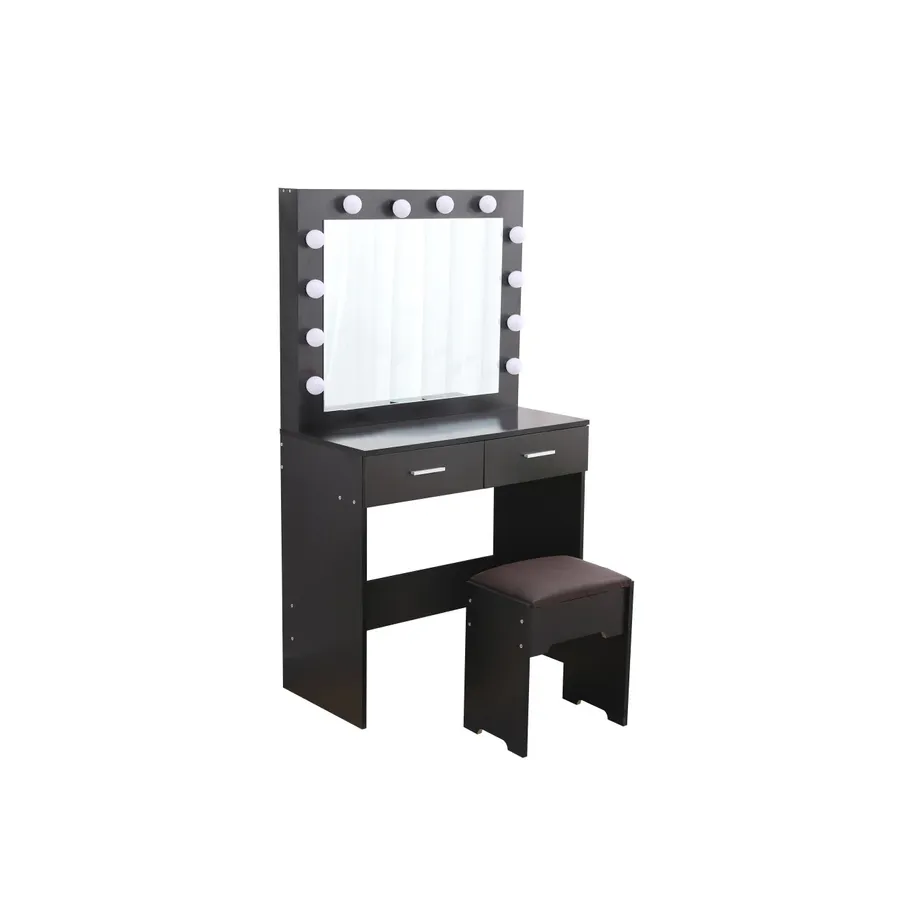 Francesca Vanity Set Black with Lighted Mirror and Stool