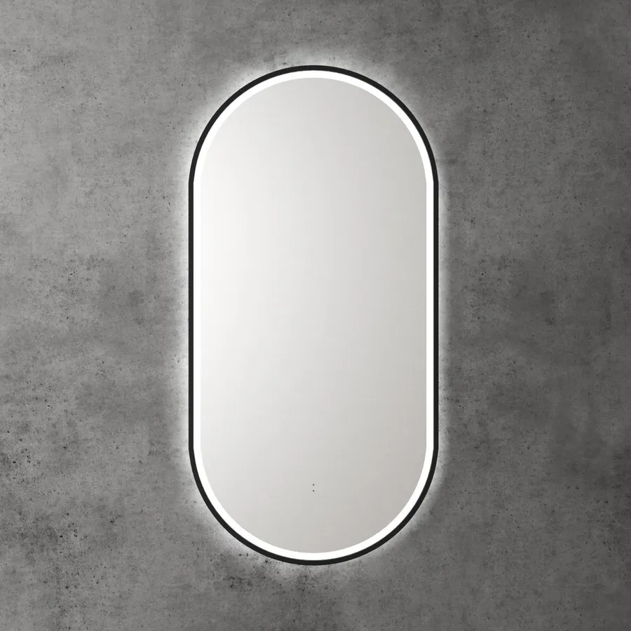 Touchless LED Pill Mirror with Matt Black Frame 90cm x 45cm