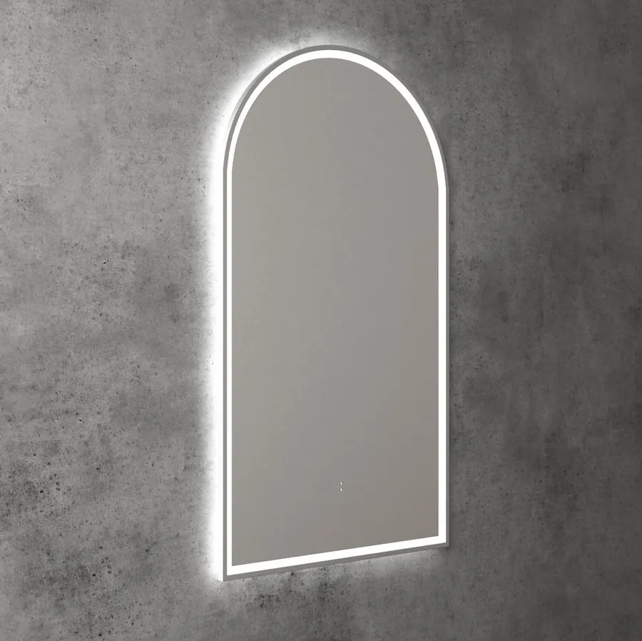Touchless LED Arch Mirror with Brushed Nickel Frame 90cm x 50cm