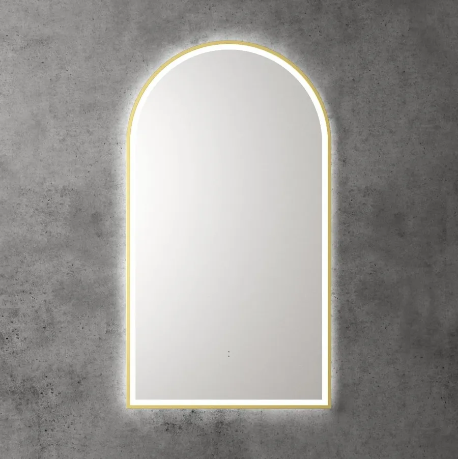 Touchless LED Arch Mirror with Brushed Gold Frame 90cm x 50cm