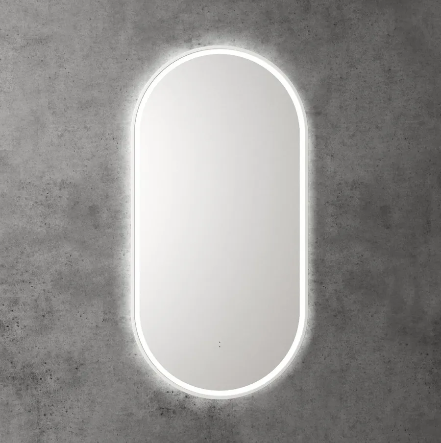 Touchless LED Pill Mirror with Matt White Frame 90cm x 45cm