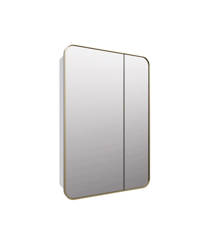 Curved Edge Rectangle Mirror Cabinet Satin Brass 90cm x 60cm