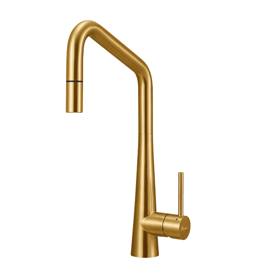 Essente Brushed Gold Square Goose Neck Pull Out Mixer