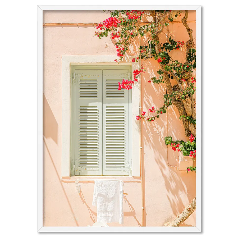 Santorini in Spring | Boho Pastel Villa I - Art Print by Victoria's Stories