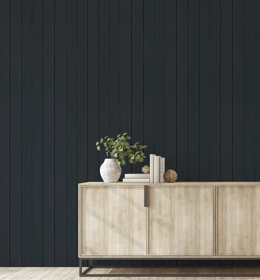 Tongue & Groove Wood Panel Wallpaper | Deep Charcoal