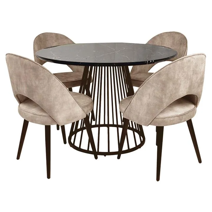 Liverpool 5 Piece Round Dining Table Set, 110cm, Black Top, with Taupe