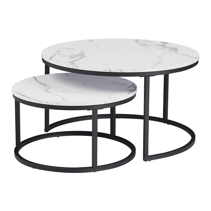Venezia 2 Piece Faux Marble Top Round Nesting Coffee Table Set, 80/60cm